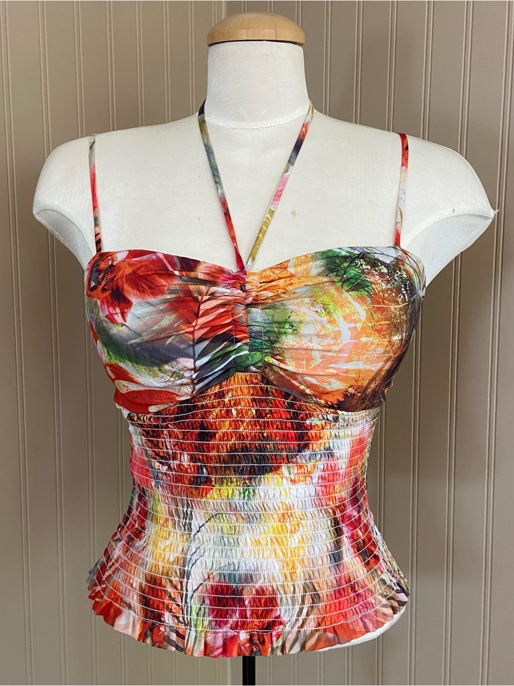 Guess Multi Colour Floral Smocked Halter Crop Tank Top Women’s Large
